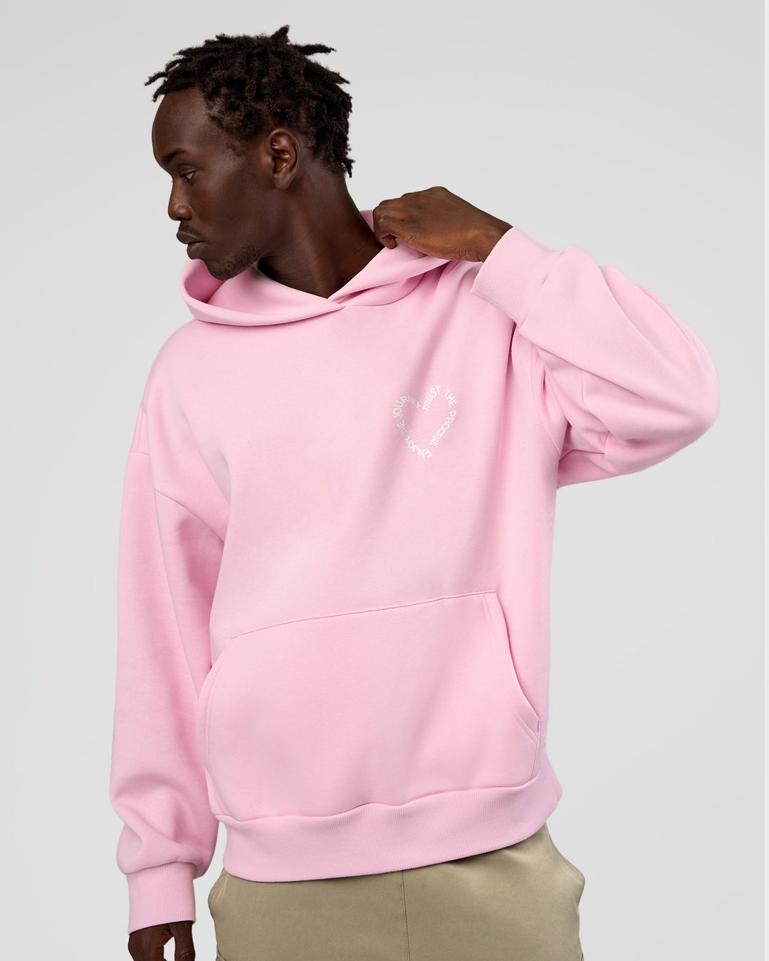 Man wearing Unisex Love The Process Oversize Hoodie - Marshmallow-White | Model:Okello | Size:M - view 4