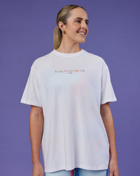 Woman wearing Unity Go-To FLX Cotton Tee - White-Rainbow | Model:Mon | Size:M | Thumbnail Index: 4