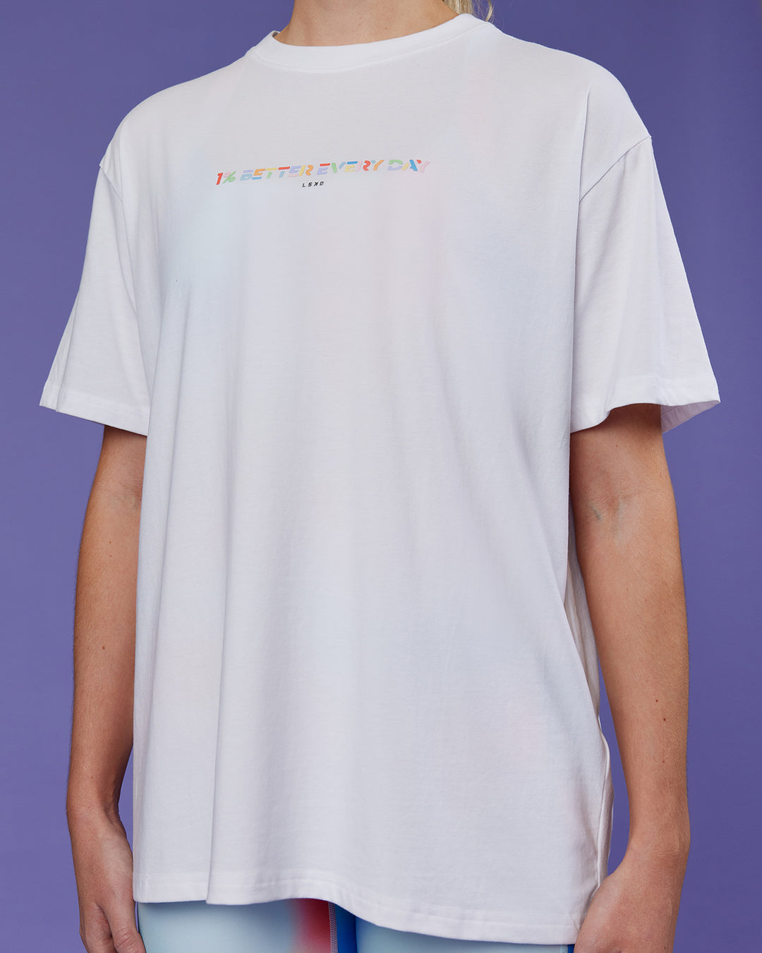 Woman wearing Unity Go-To FLX Cotton Tee - White-Rainbow | Model:Mon | Size:M - view 7