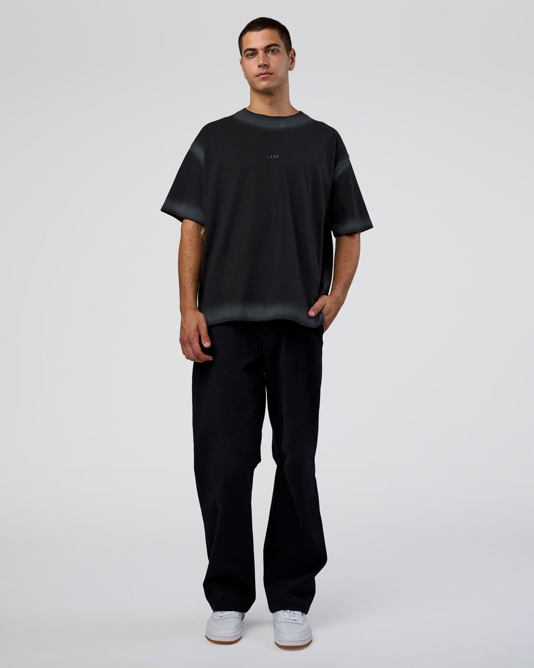 Man wearing Urban Blur Heavyweight Unisex Oversized Tee - Black-Dark Storm | Model:Zoran | Size:M - view 7