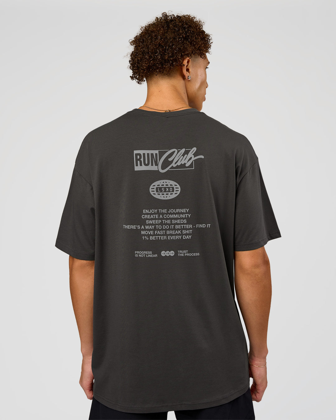 Man wearing Values Run Club FLXCotton Tee - Dark Storm-Alloy | Model:Leandro | Size:M - view 2