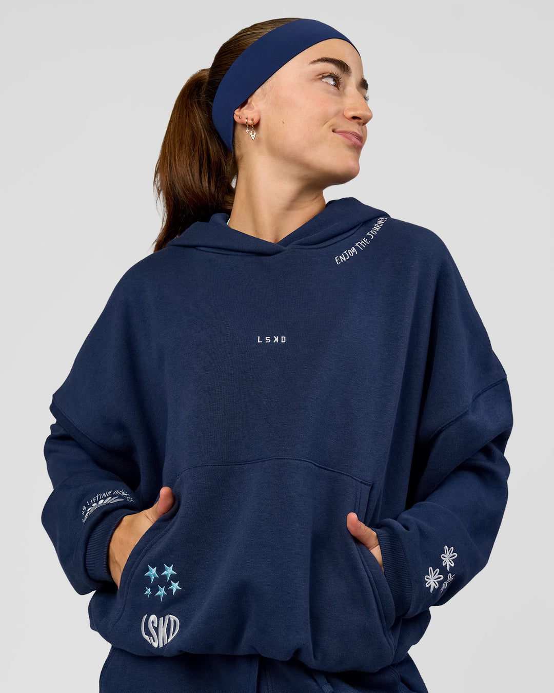 Woman wearing Zola Oversized Hoodie - Future Navy | Model:Grace | Size:M - view 15