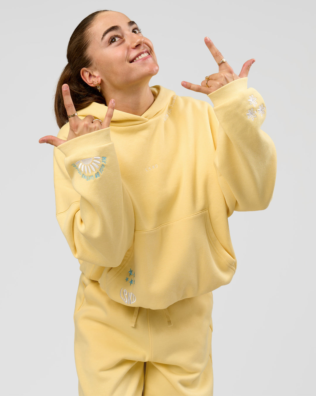 Woman wearing Zola Oversized Hoodie - Lemon | Model:Grace | Size:M - view 17