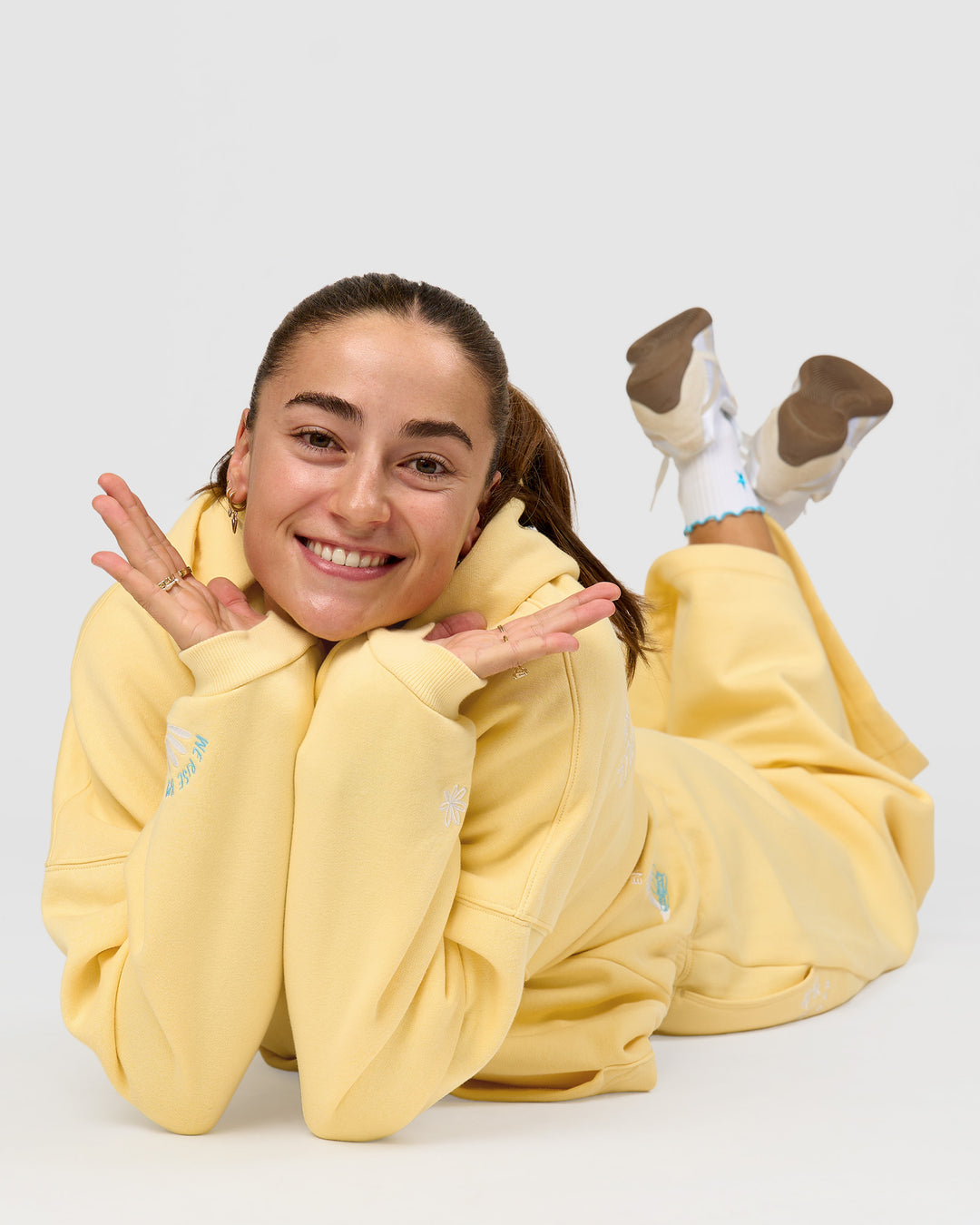 Woman wearing Zola Oversized Hoodie - Lemon | Model:Grace | Size:M - view 12