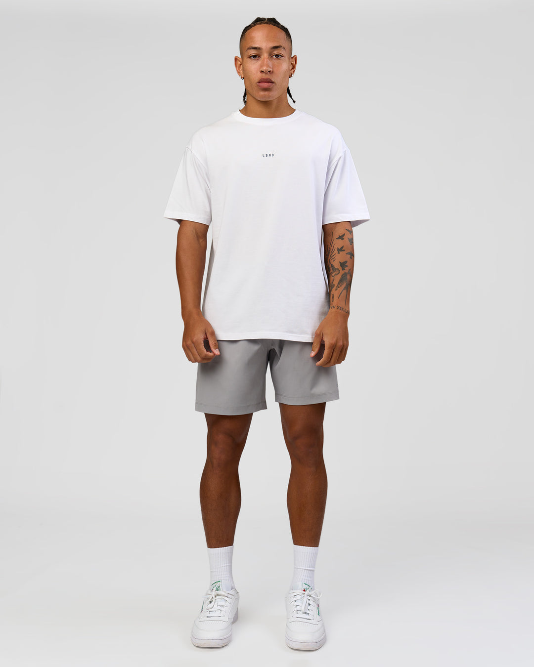 Man wearing Woman wearing Run Like The Wind FLXCotton Oversized Tee - White-Future Navy | Model:Malebo | Size:M - view 13