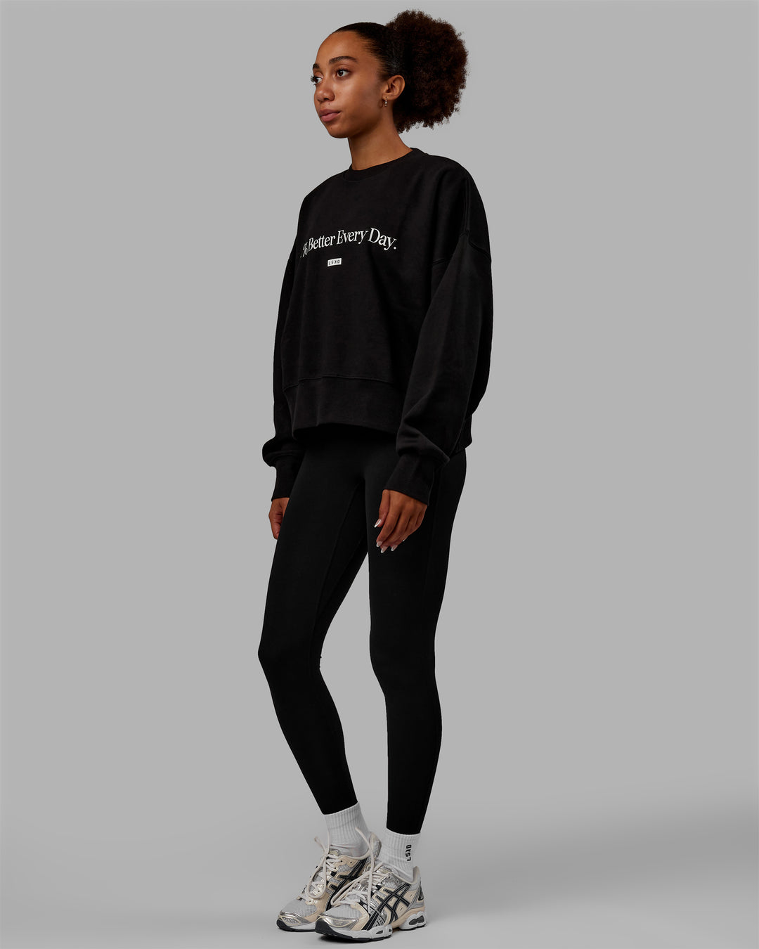 Woman wearing 1% Better Heavyweight Sweater - Black-White - view 2
