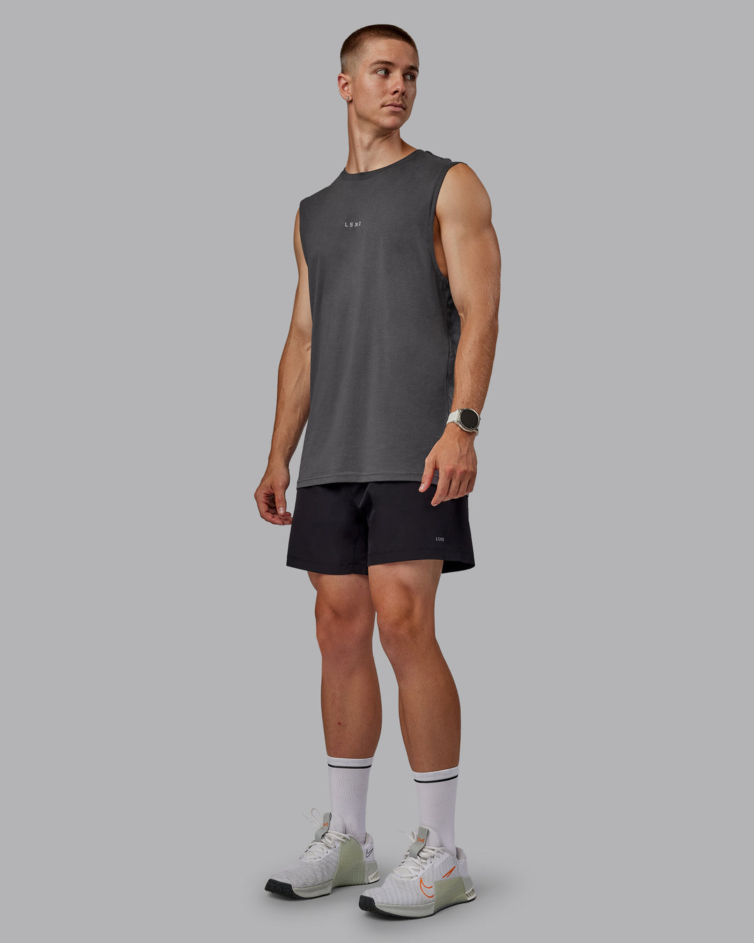 Man wearing Base FLXCotton Tank - Dark Storm - view 2