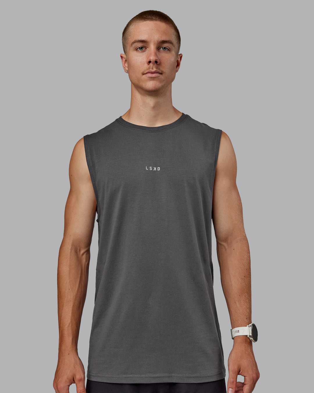 Man wearing Base FLXCotton Tank - Dark Storm - view 1