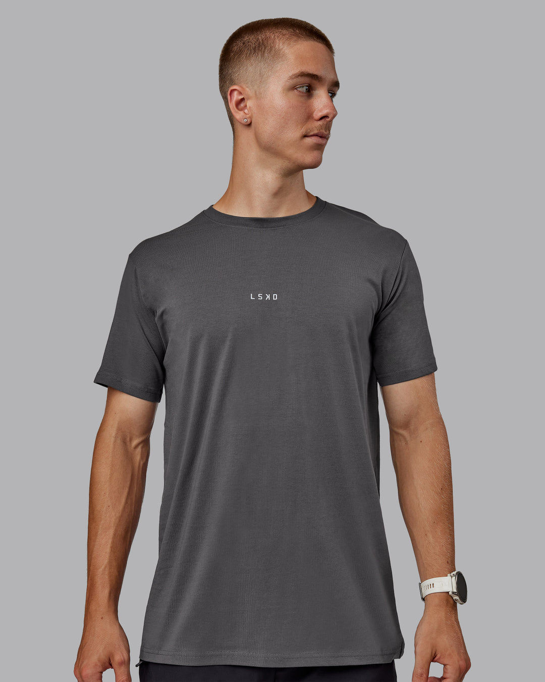 Man wearing Base FLXCotton Tee - Dark Storm - view 1