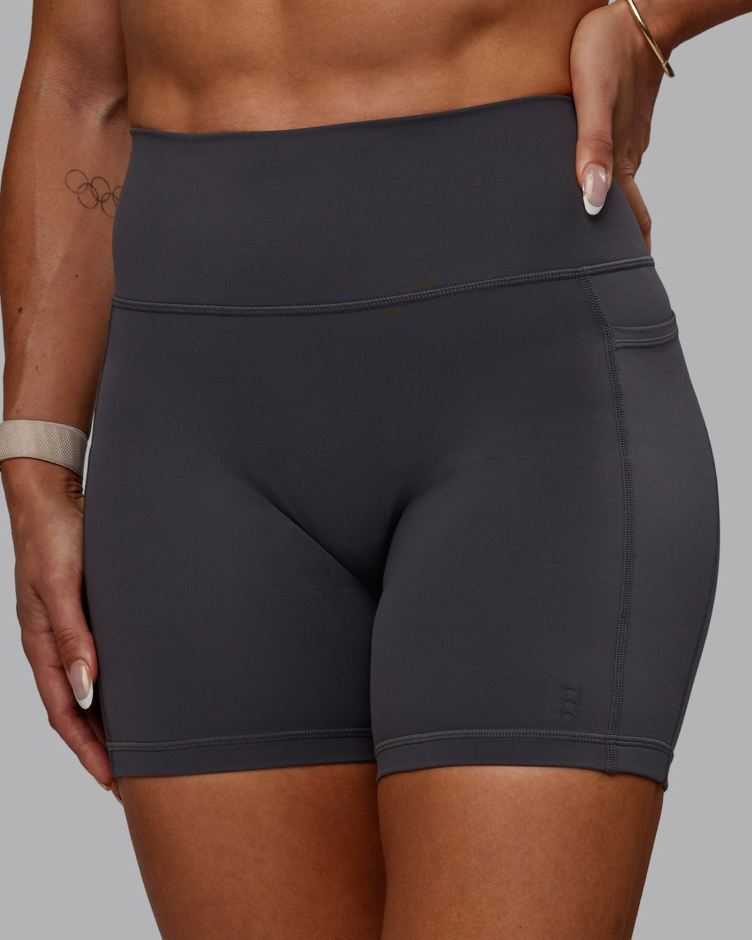 Woman wearing Bree Masters Fusion Ultra High-Rise 6" Short Pockets - Stormy - view 4