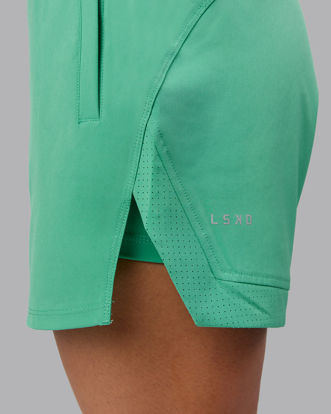 Woman wearing Challenger 5" Lined Performance Shorts - Mystic Green - view 10