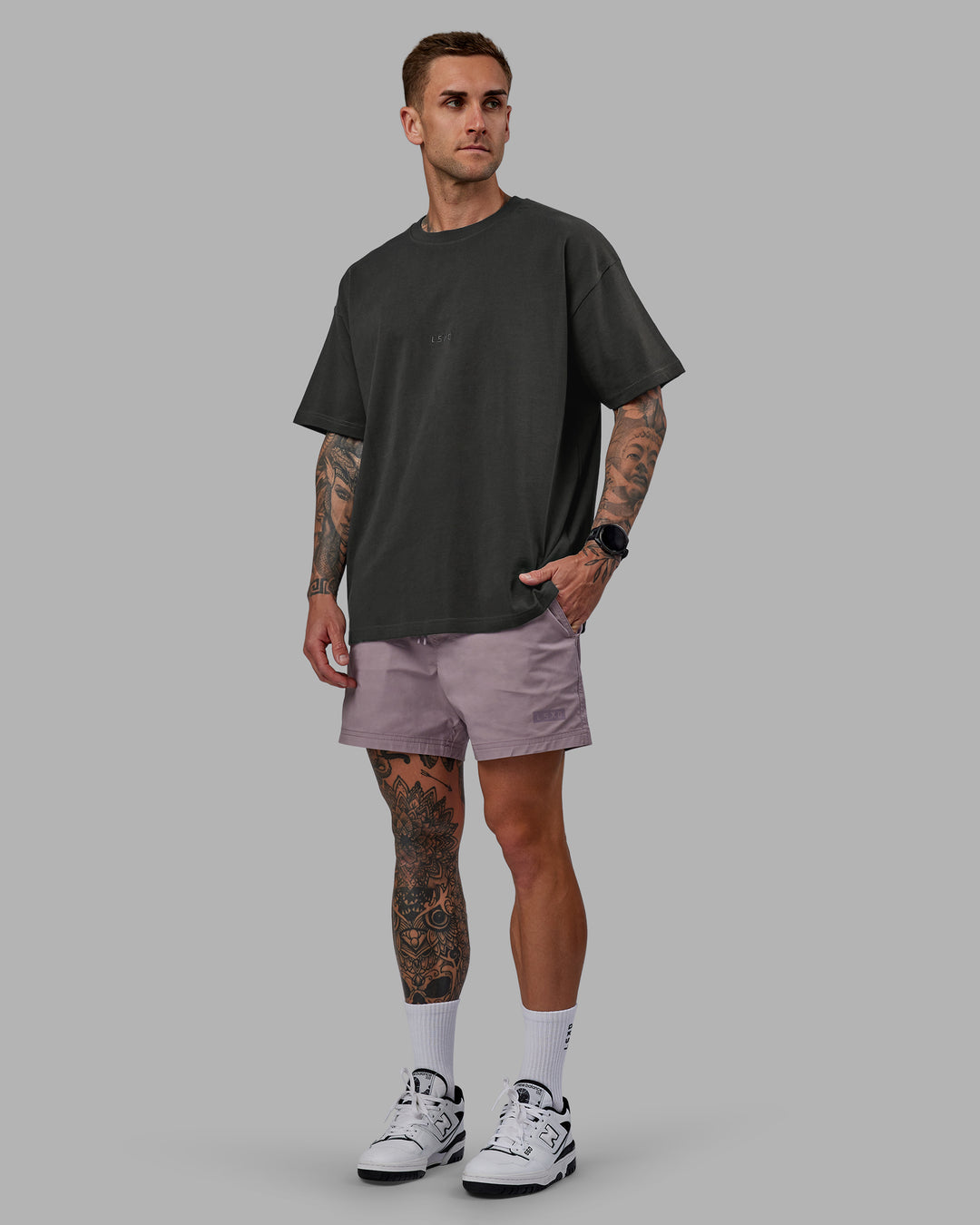 Man wearing Daily 5" Shorts - Grey Purple - view 2