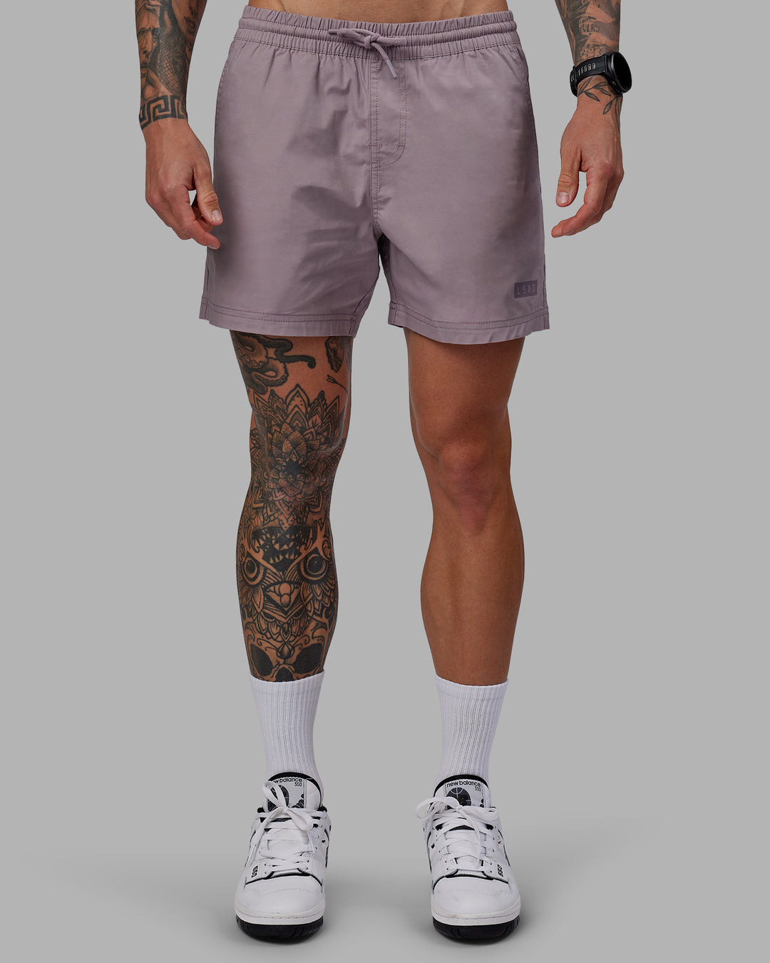 Man wearing Daily 5" Shorts - Grey Purple - view 3