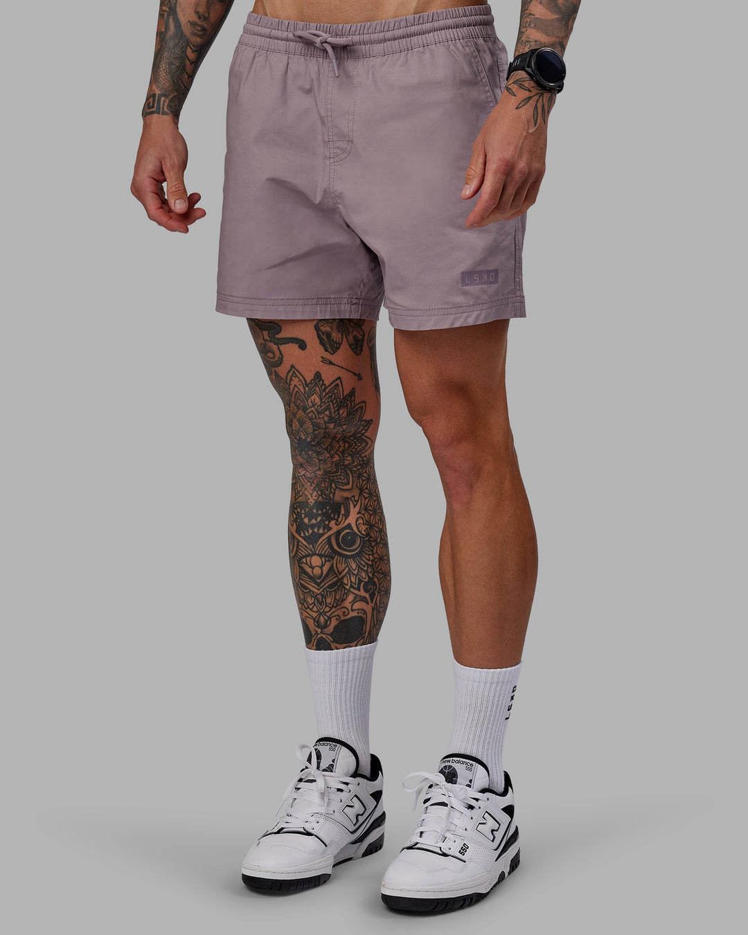 Man wearing Daily 5" Shorts - Grey Purple - view 5
