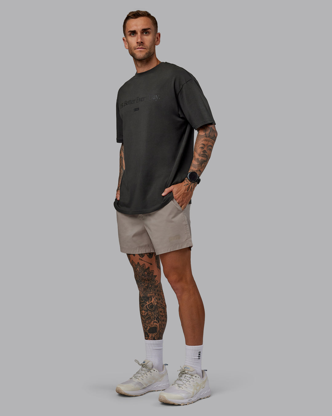 Man wearing Daily 5" Shorts - Shale Beige - view 2