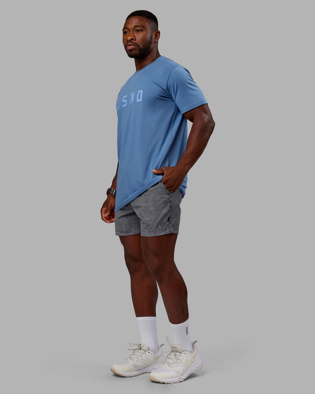 Man wearing Washed Daily 5" Shorts - Circular Grey - view 2