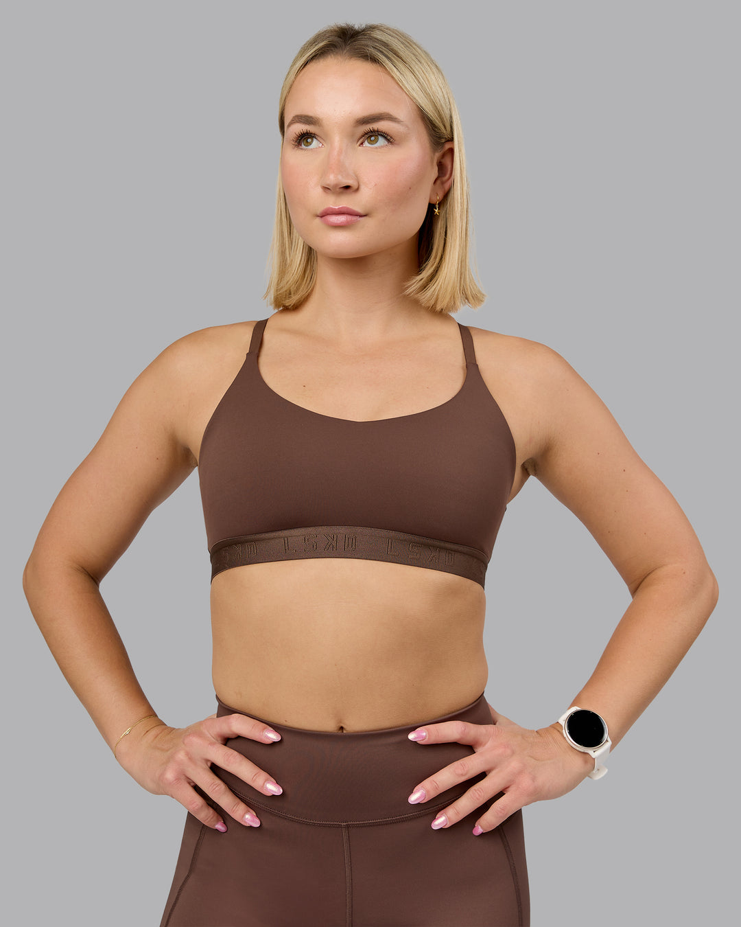 Woman wearing Define Sports Bra - Chocolate Martini | Model:Halle | Size:S - view 3
