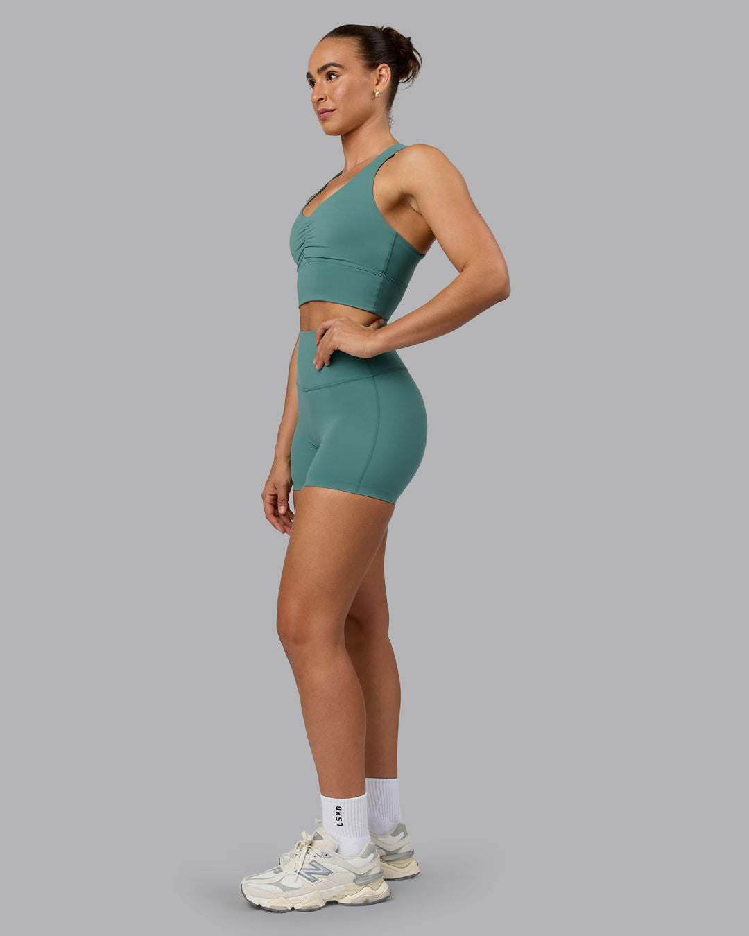 Woman wearing Elixir Ultra High-Rise 4" Short - Sagebrush | Model:Sophie | Size:S - view 8