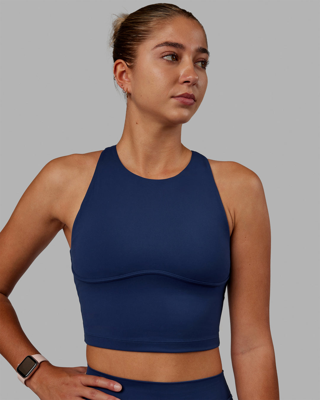 Woman wearing Enhance Shelf Bra Tank - Midnight Blue - view 5