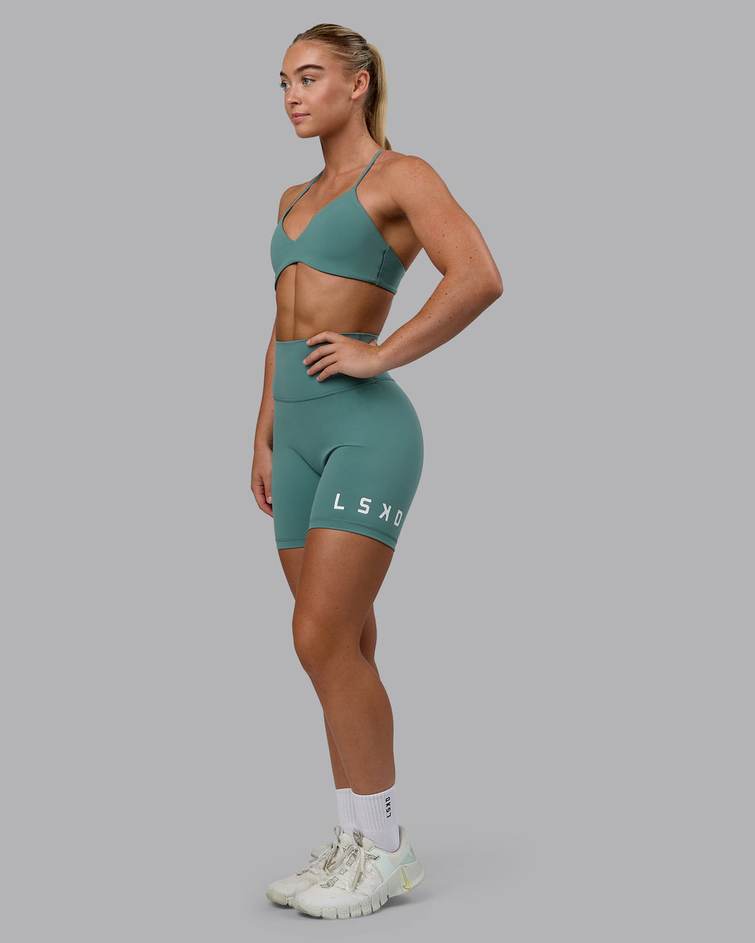 Woman wearing Evolved Ultra High-Rise 6" Short - Sagebrush-White - view 1