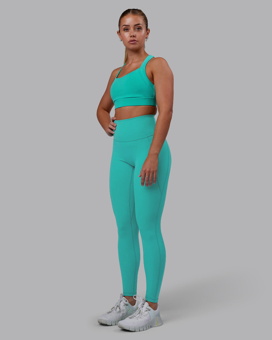 Woman wearing Fusion Ultra High-Rise Full Length Legging Pockets - Turquoise Tide | Model:Hannah | Size:S - view 6
