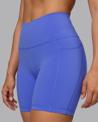 Woman wearing Fusion Ultra High-Rise 6" Short Pockets - Baja Blue | Model:Sophie | Size:S | Thumbnail Index: 5