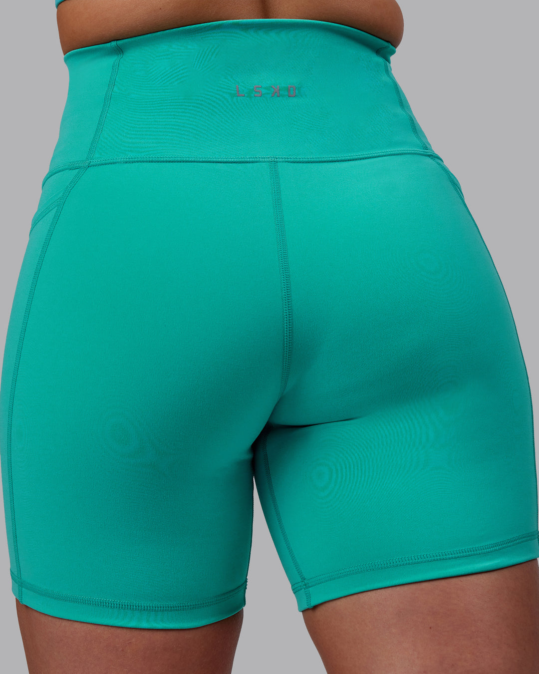 Woman wearing Fusion Ultra High-Rise 6" Short Pockets - Turquoise Tide | Model:Hannah | Size:S - view 7