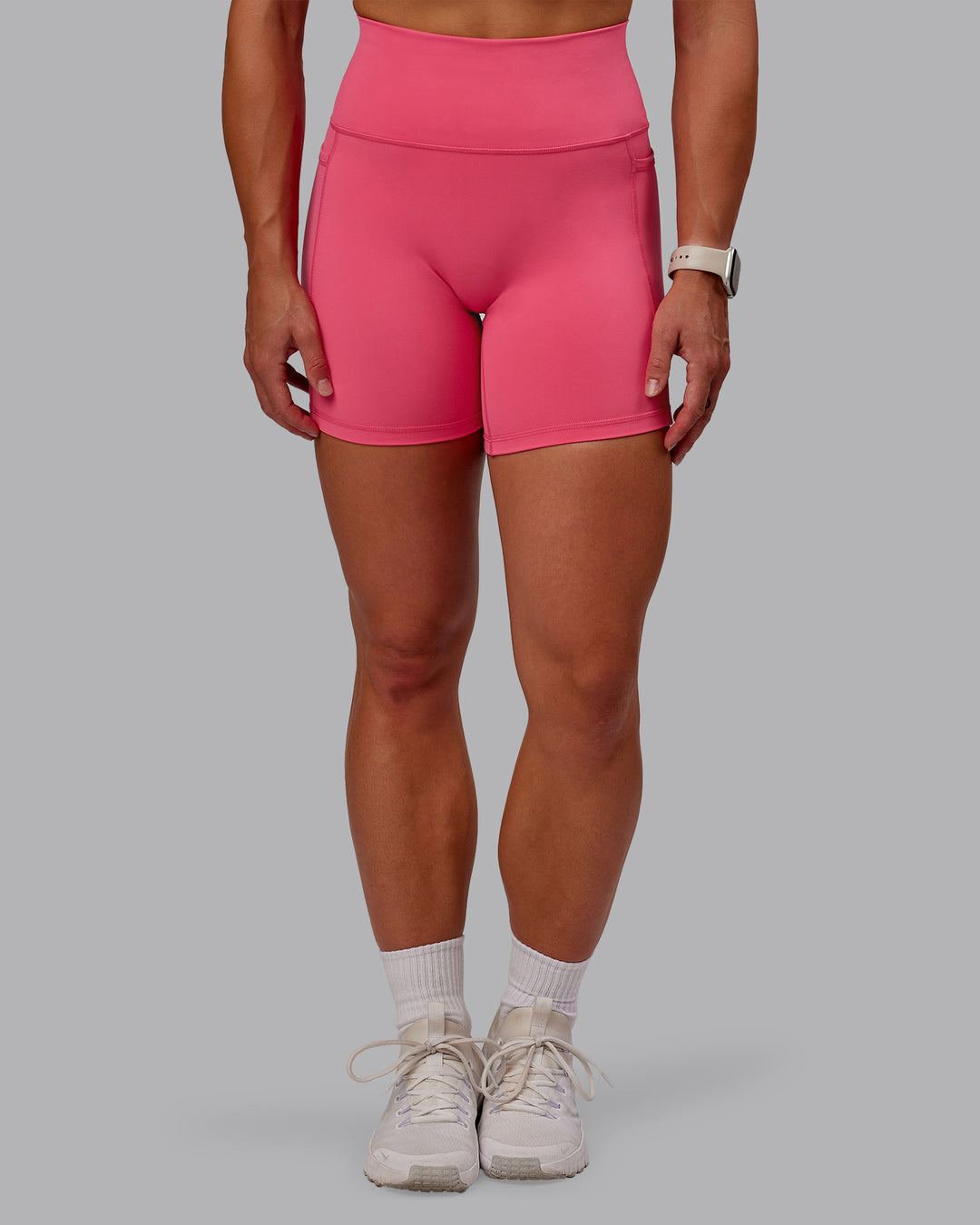 Woman wearing Fusion Ultra High-Rise 6" Short Pockets - Hot Pink | Model:Amber | Size:S - view 7