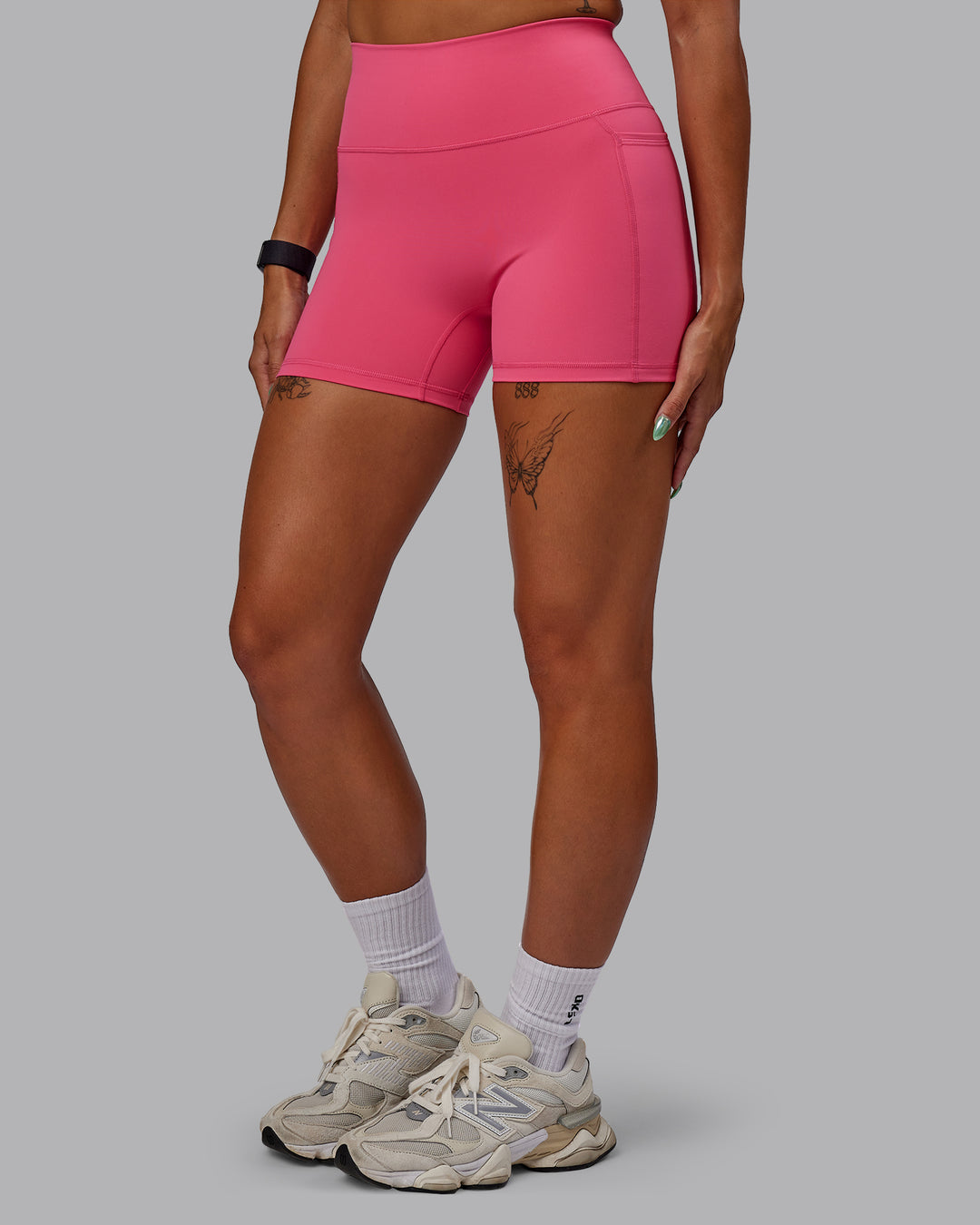 Woman wearing Fusion Ultra High-Rise 4" Short Pockets - Hot Pink | Model:Vanessa | Size:S - view 6