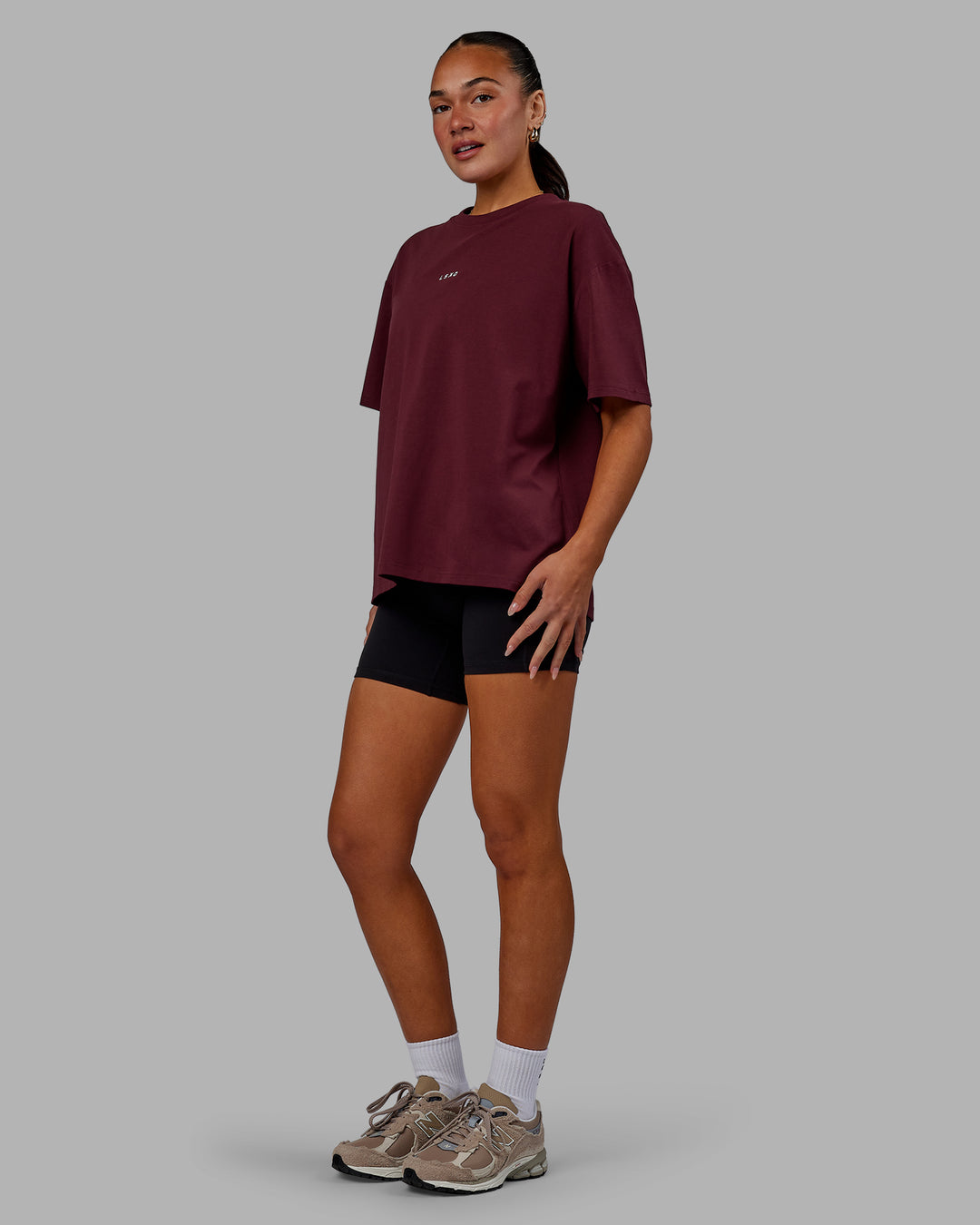 Woman wearing Go-To FLXCotton Oversized Tee - Dark Cherry - view 1
