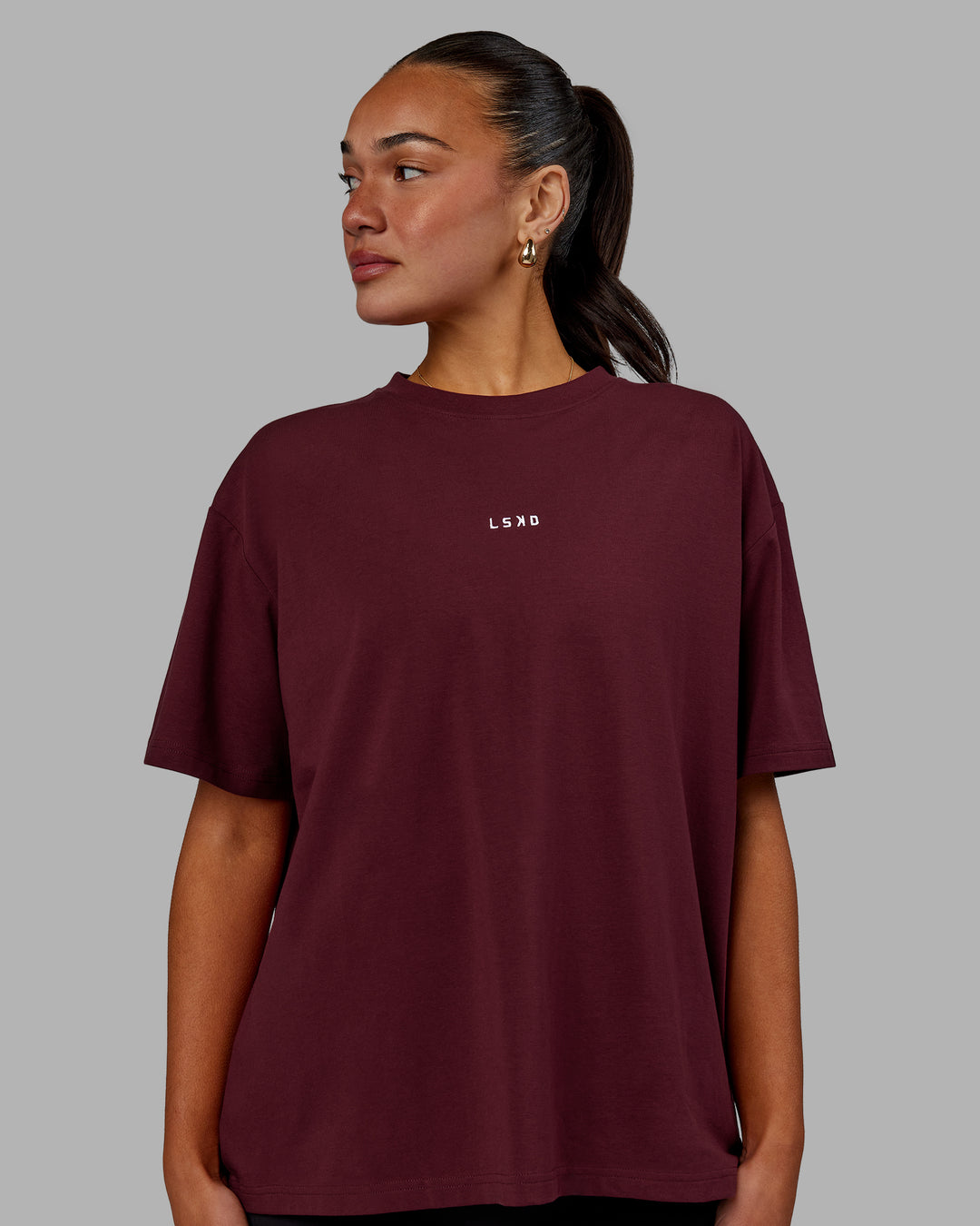 Woman wearing Go-To FLXCotton Oversized Tee - Dark Cherry - view 2