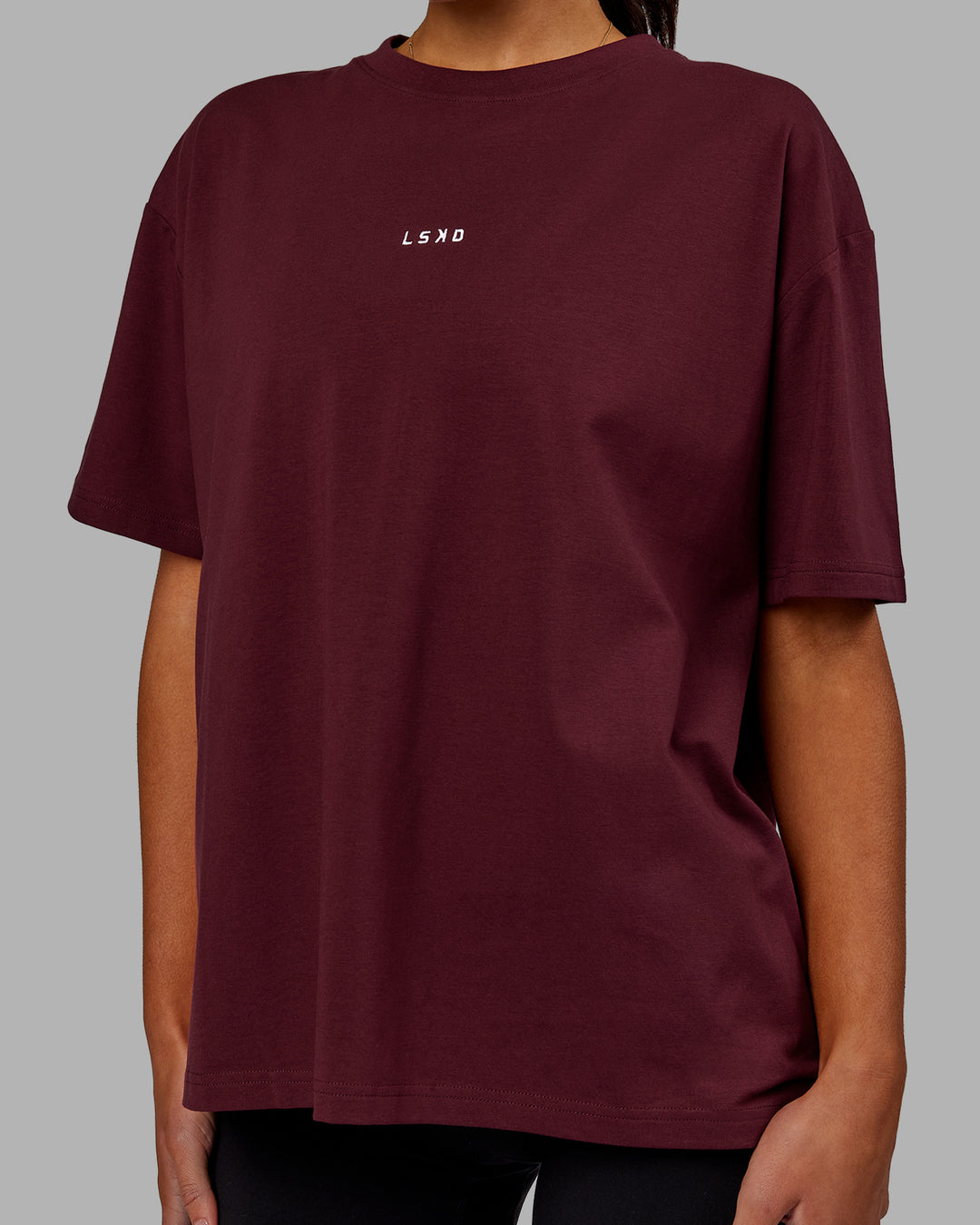 Woman wearing Go-To FLXCotton Oversized Tee - Dark Cherry - view 3