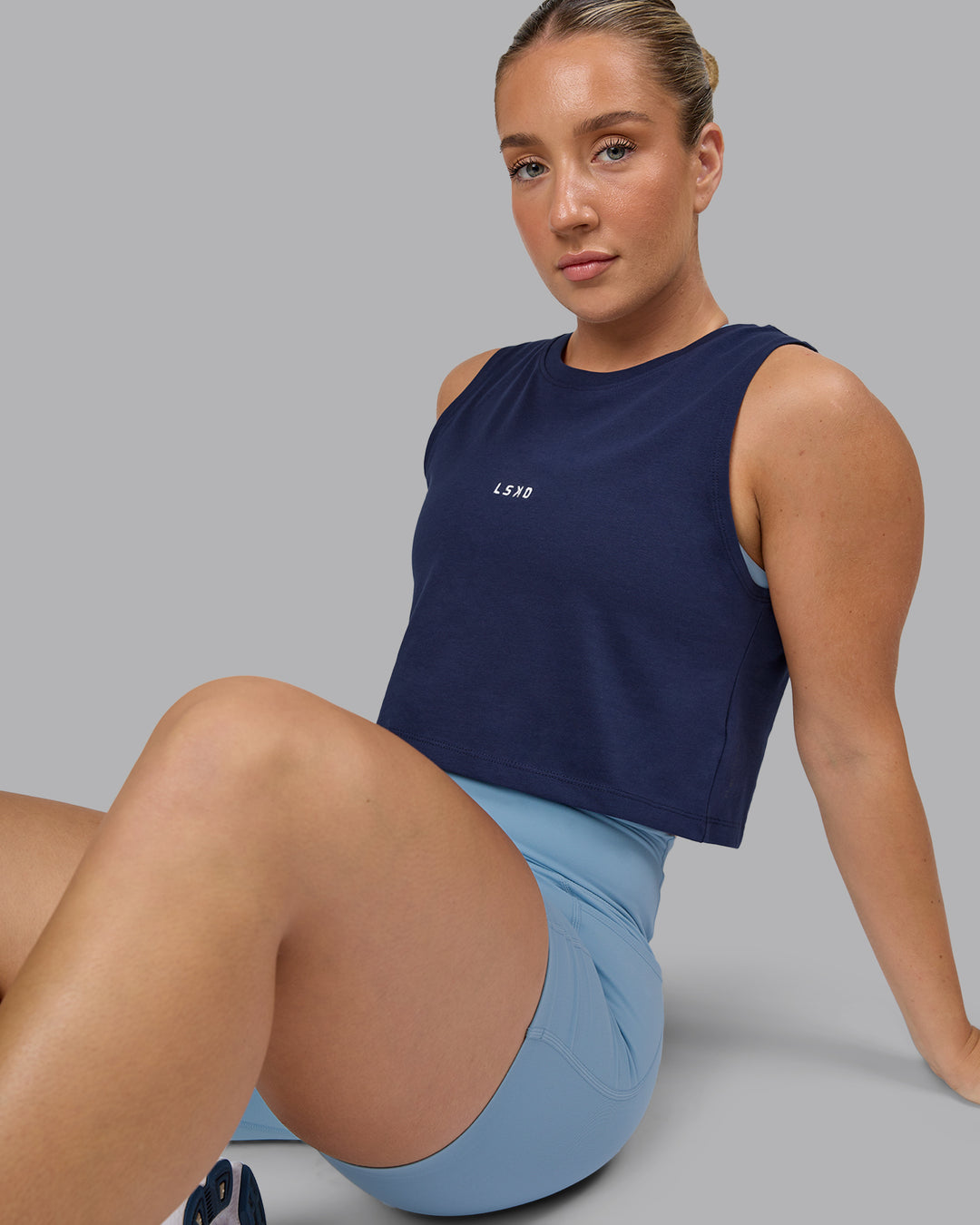 Woman wearing Go-To FLXCotton Tank - Future Navy-White - view 2