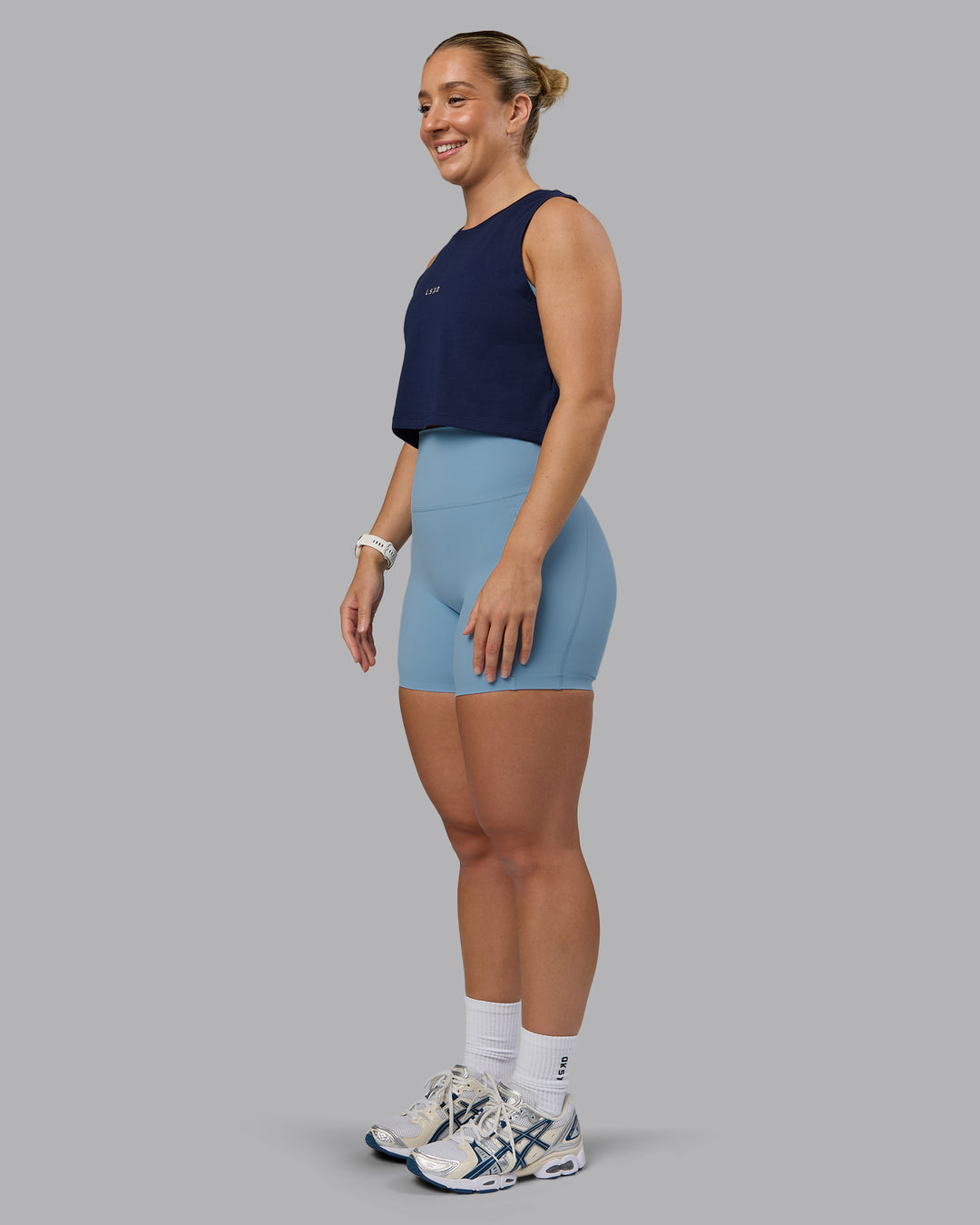 Woman wearing Go-To FLXCotton Tank - Future Navy-White - view 5
