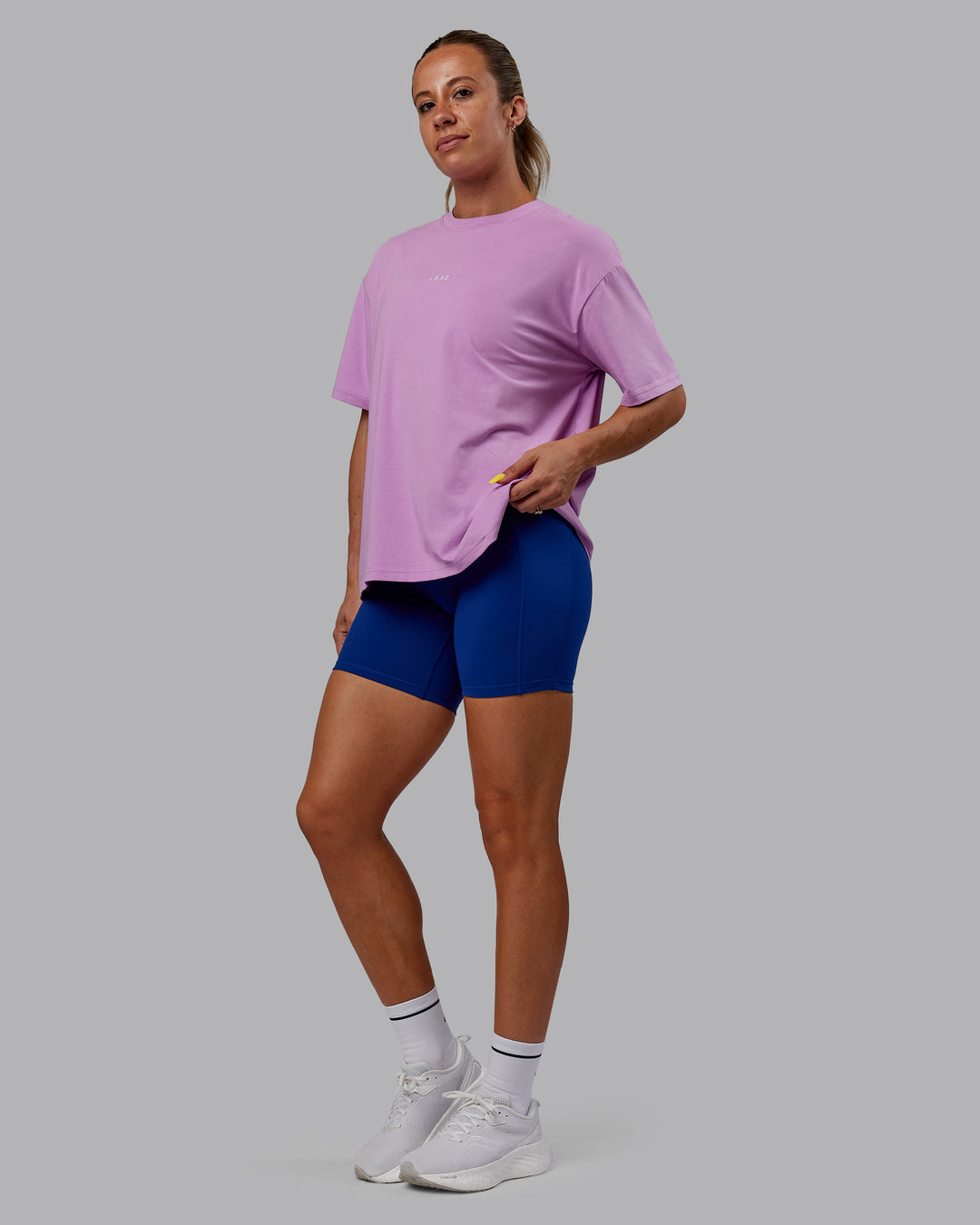 Woman wearing Go-To FLXCotton Oversized Tee - Light Violet-White - view 4