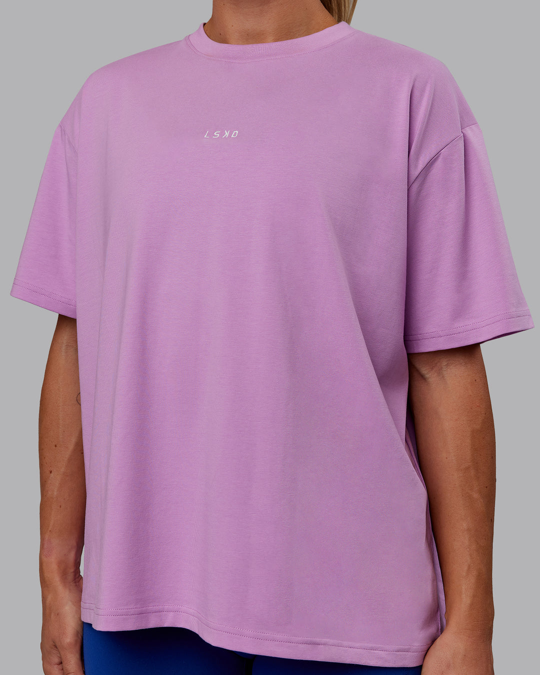 Woman wearing Go-To FLXCotton Oversized Tee - Light Violet-White - view 5