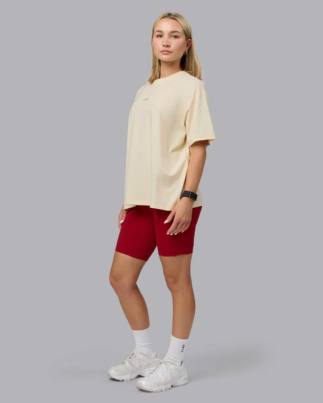 Woman wearing Go-To FLXCotton Oversized Tee - Ivory-Cherry Red - view 3