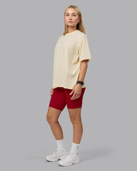 Woman wearing Go-To FLXCotton Oversized Tee - Ivory-Cherry Red | Thumbnail Index: 2