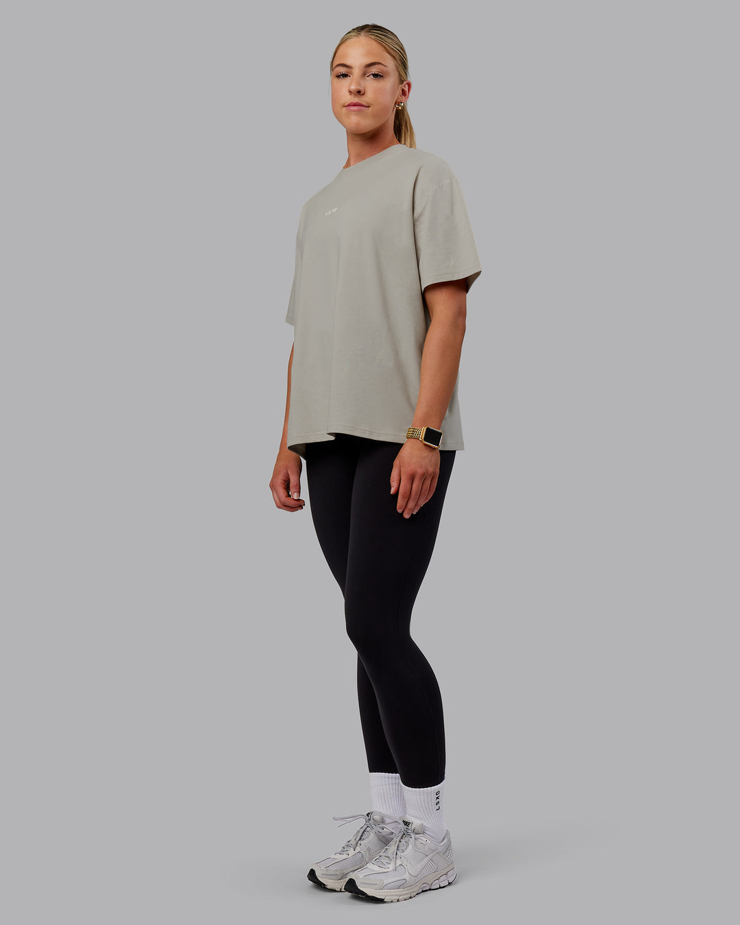 Woman wearing Go-To FLXCotton Oversized Tee - Shale Beige - view 3