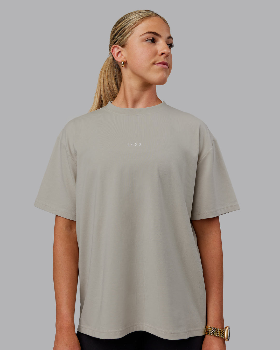 Woman wearing Go-To FLXCotton Oversized Tee - Shale Beige - view 1