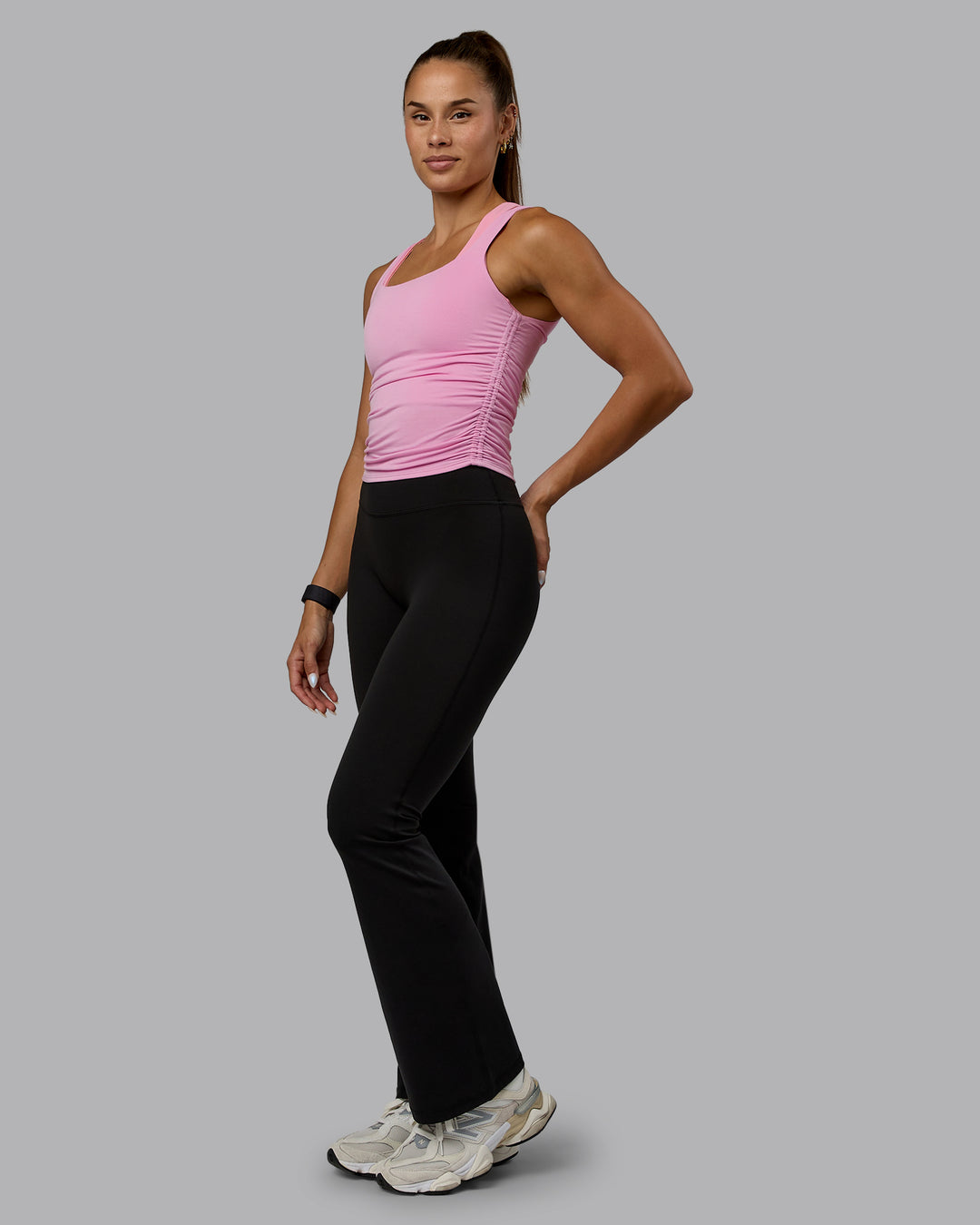 Woman wearing Ignite Scrunch Side Tank - Bubblegum - view 2