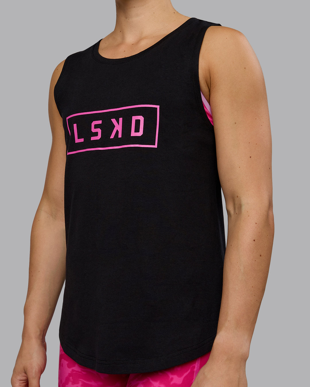 Woman wearing Luna FLXCotton Longline Tank - Black-Ultra Pink - view 6