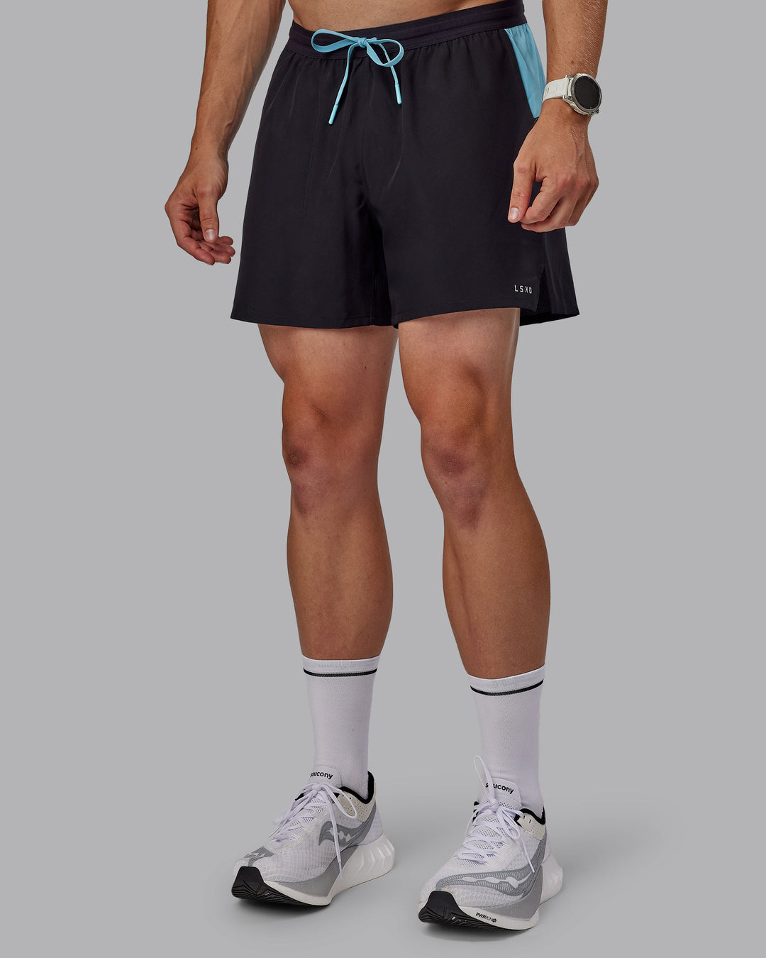 Man wearing Pace 5" Lined Performance Shorts - Black-Retro Blue - view 6