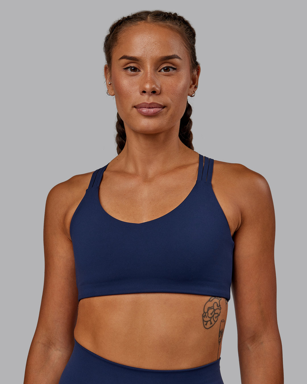 Woman wearing Push The Limit Sports Bra - Future Navy - view 2
