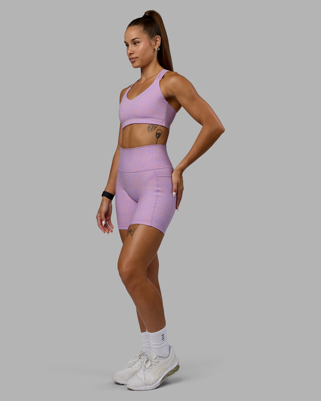Woman wearing Push The Limit Sports Bra - Pale Lilac Vitality Print - view 6