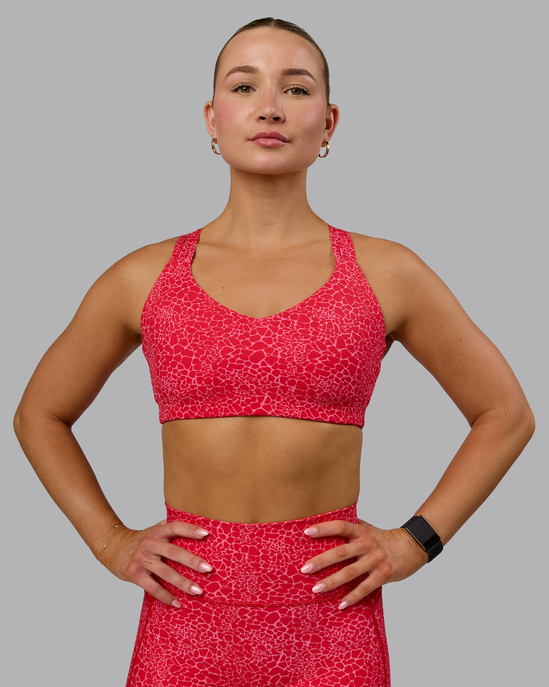 Woman wearing Push The Limit Sports Bra - Red Vitality Print - view 7