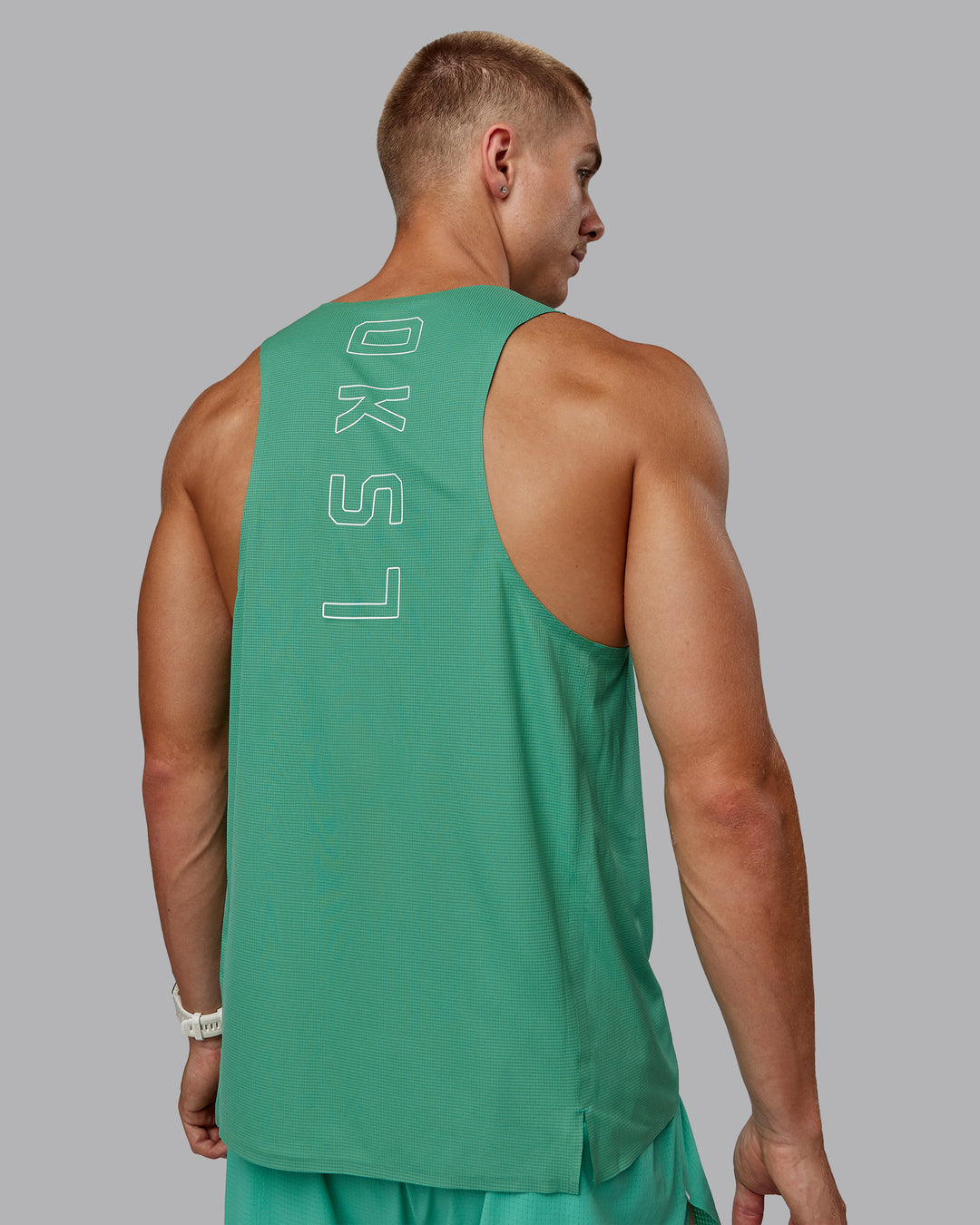 Man wearing Race Day Performance Tank - Mystic Green - view 3