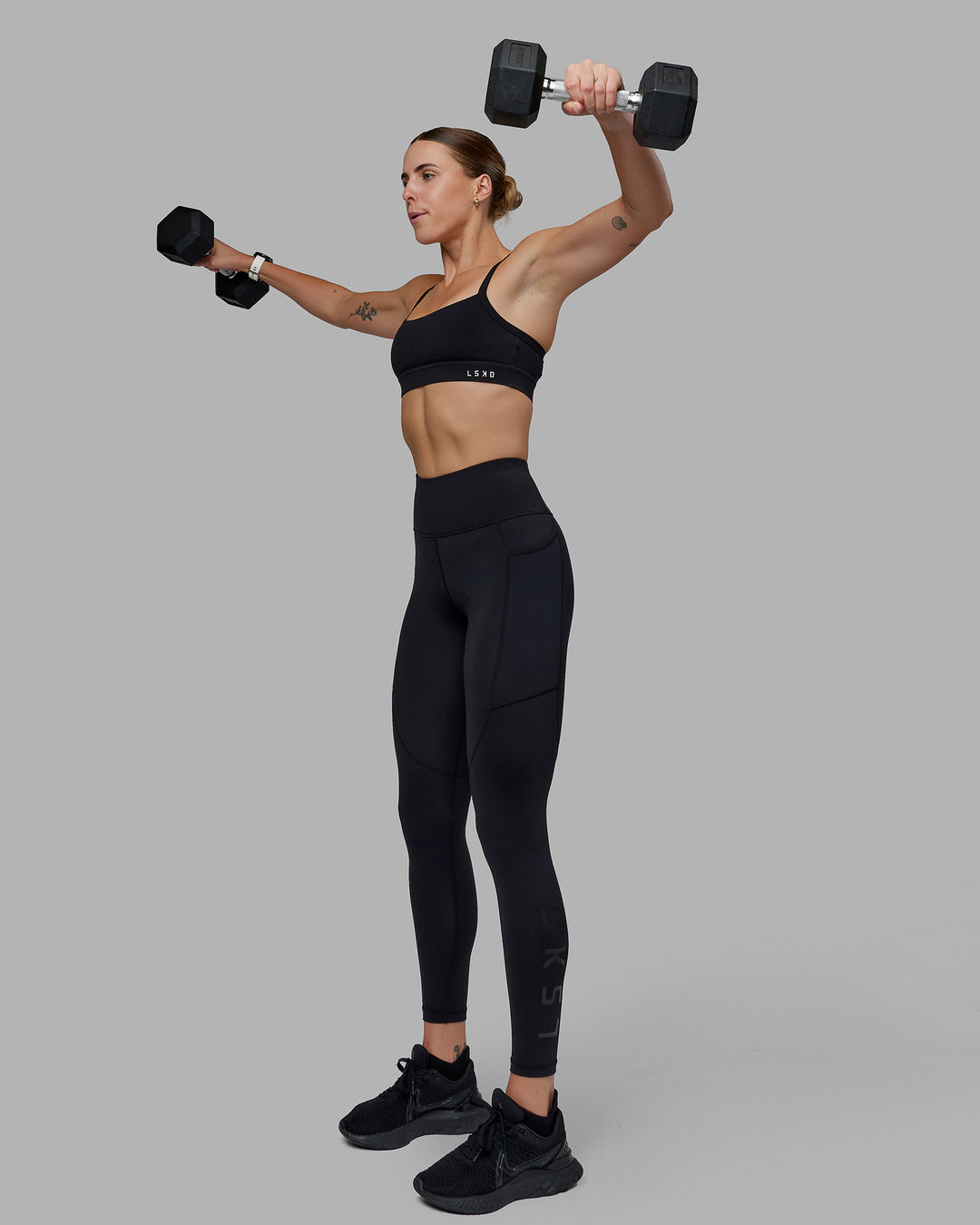 Woman wearing Rep Ultra High-Rise Full Length Legging Pockets - Black-Black | Model:Shae | Size:S - view 2