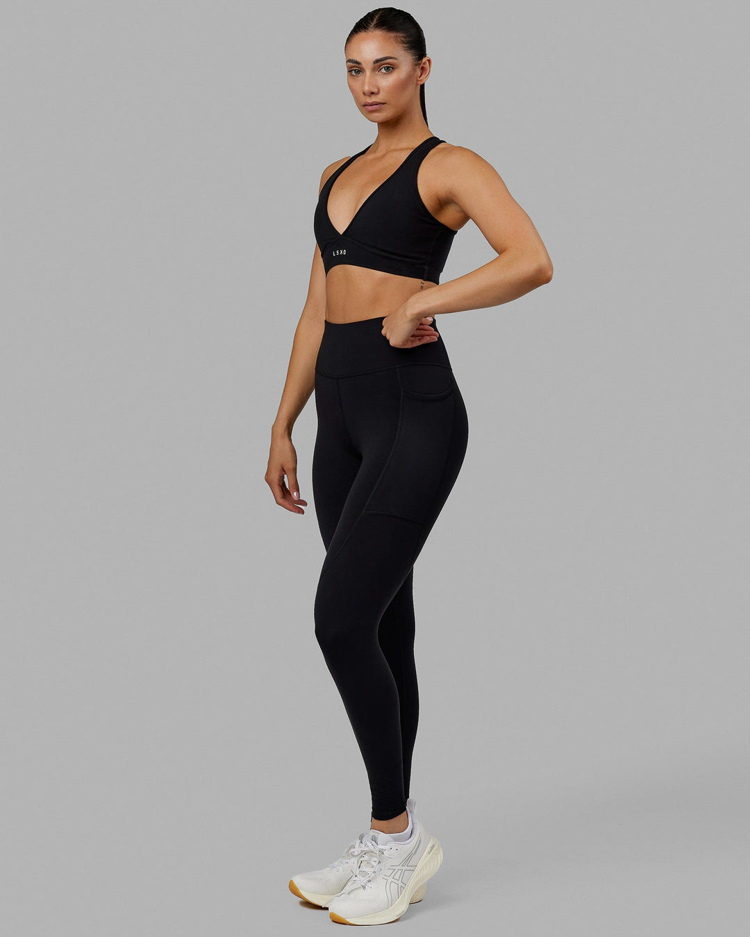 Woman wearing Rep Ultra High-Rise Full Length Legging Pockets No Logo - Black | Model:Blaize | Size:S - view 5