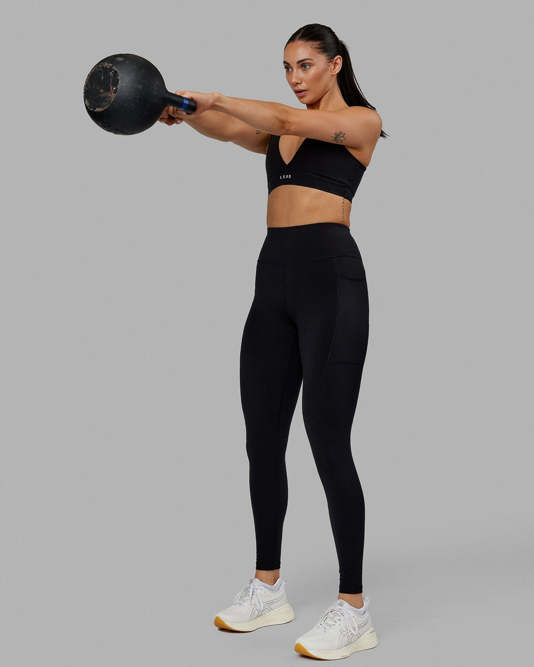 Woman wearing Rep Ultra High-Rise Full Length Legging Pockets No Logo - Black | Model:Blaize | Size:S - view 6